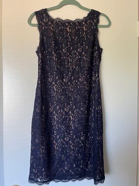 Adrianna Papell Navy Lace Midi Dress with Nude Lining